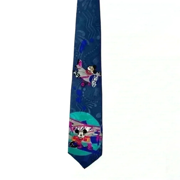 Vintage Disney Mickey Mouse Airplane Tie Silk | Navy Blue - Picture 1 of 8